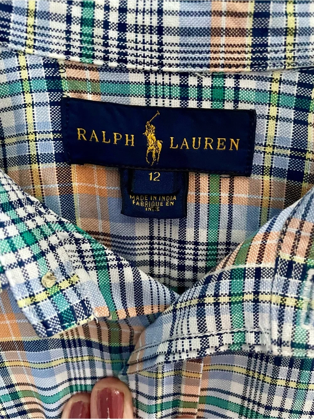 Ralph Lauren Boys Size 12 Plaid Button Down Shirt Blue Green Orange 100% Cotton